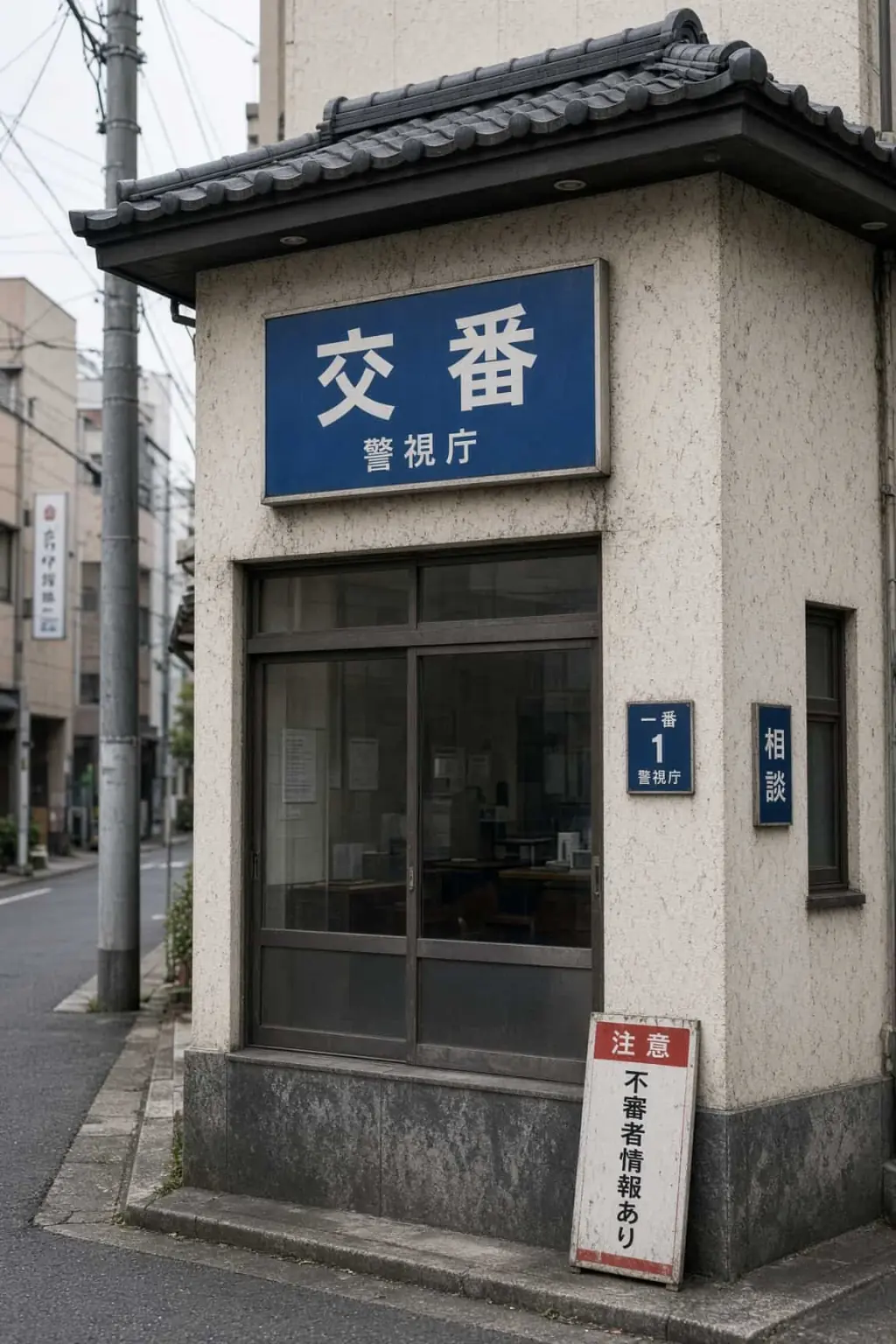 瓦屋根の小さな街角の交番。窓の上に青い「交番」の看板が掲げられ、歩道に立て看板が置かれている