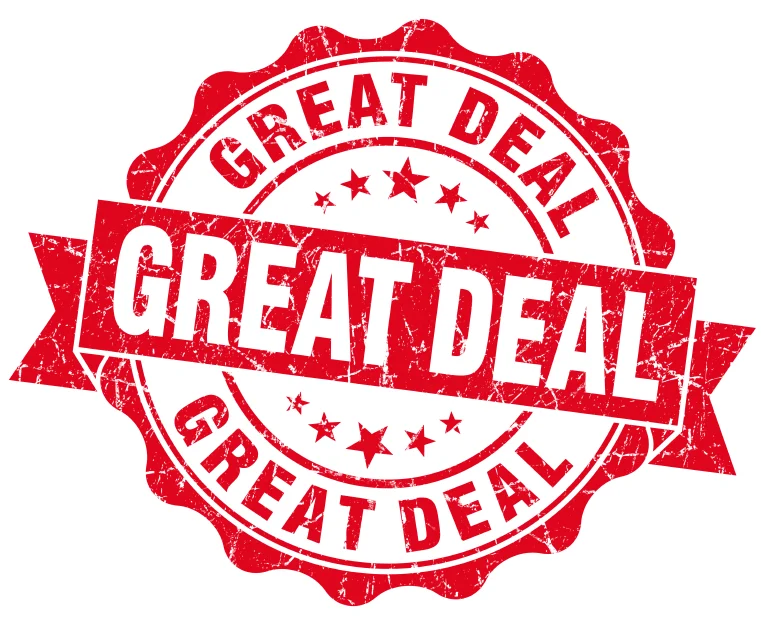 A red distressed rubber-stamp graphic reading “GREAT DEAL” on a banner across a scalloped seal, with the same words repeated around the rim.