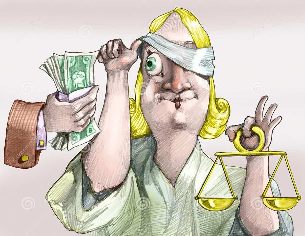 justice-not-blind-hand-offers-money-to-moves-bandage-look-greedy-political-cartoon - Land Of The Rising Son