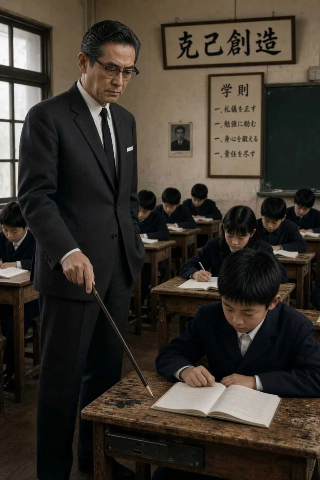 A teacher in a dark suit and glasses stands over a seated pupil, resting a cane on the boy's open notebook while the rest of the class works at wooden desks