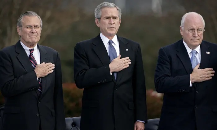 War Criminals George W Bush - Donald Rumsfeld - Dickwad Cheney - Land Of The Rising Son