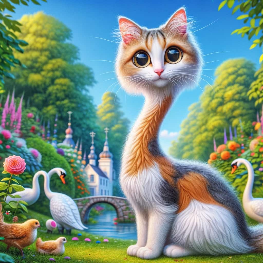 A whimsical image of a cat with an unusually long neck
