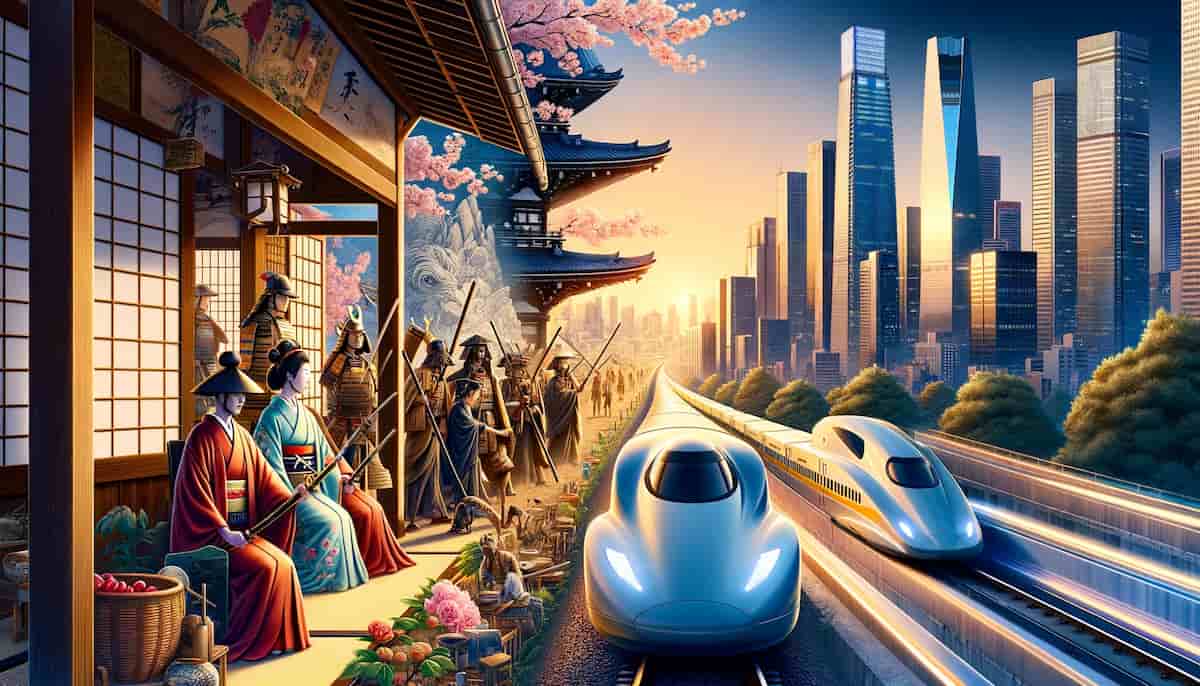 A scene contrasting old Japan with modern Japan, yet conveying a sense of hope and harmony. On one side, there's a depiction of traditional Japan