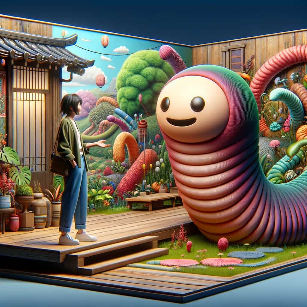 Japanese person having a conversation with a personified worm, representing the 'worm of intuition
