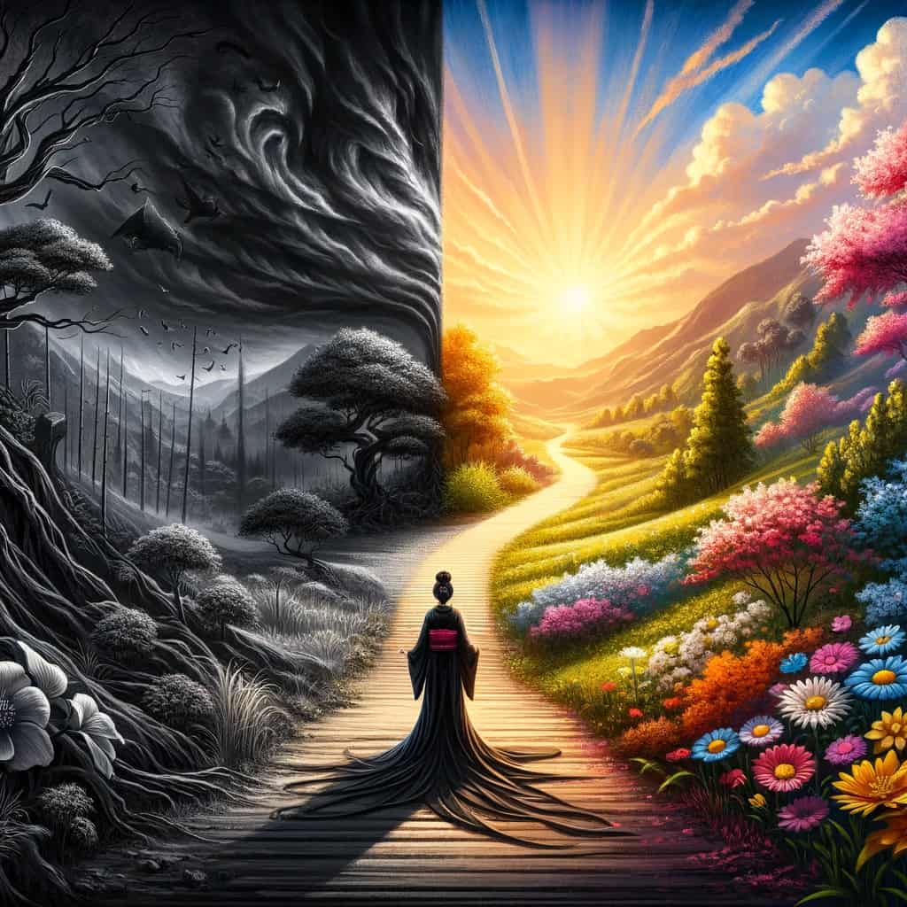 Onnabugeisha with the fork in the raod between heaven and hell
