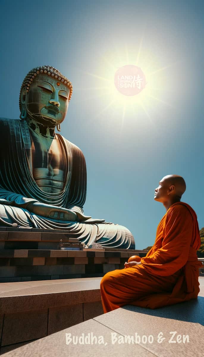 Sri Lankan man in orange buddhist monk robes sitting at his feet looking at the face of the Buddha