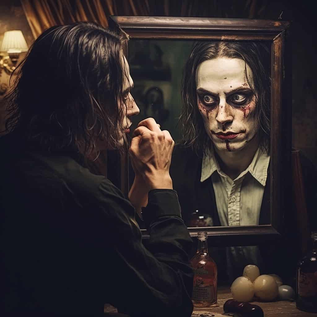 Ugly narcissist putting on make up and staring into a mirror