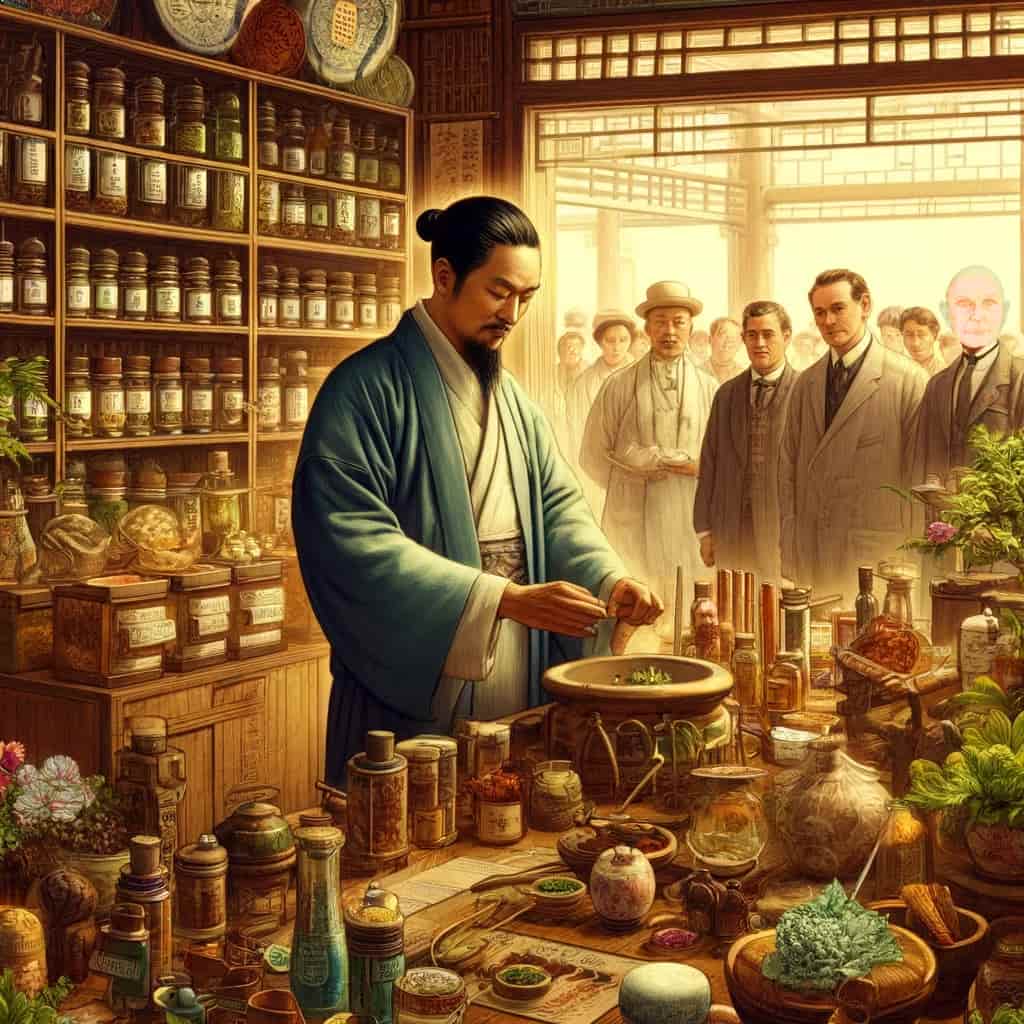 Japanese practitioner of Chinese herbal medicine with a variety of herb, potions, and cures