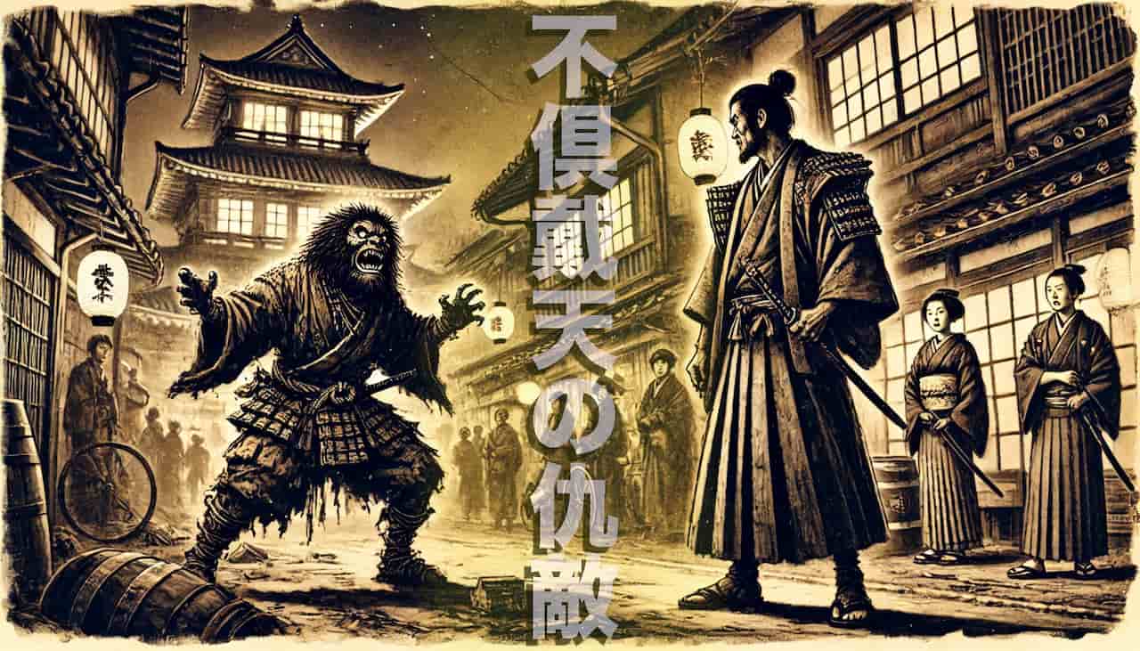 A confrontation on the streets of Edo between an obnoxious drunk rogue and a noble samurai. The scene is set at night, with traditional Edo period arc