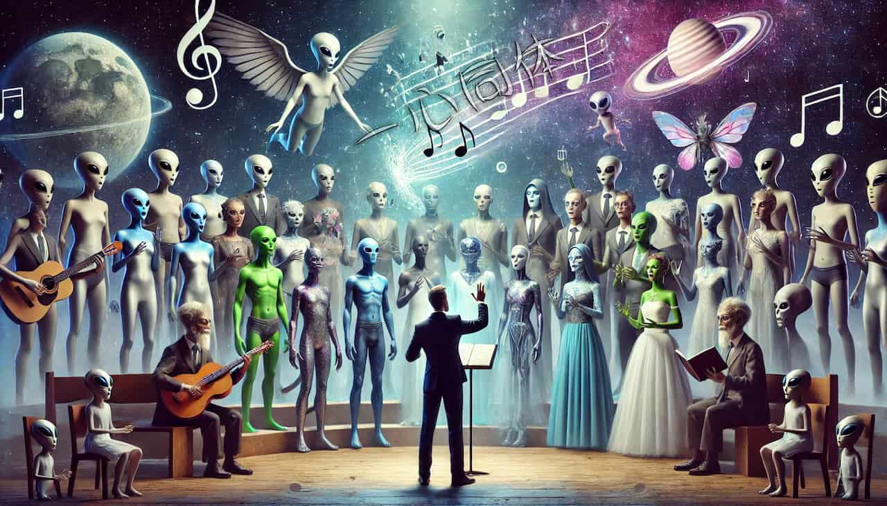 A diverse and inclusive interstellar choir singing in unison with a preacher conducting them. The choir includes aliens, fairies, and elves, all harmo