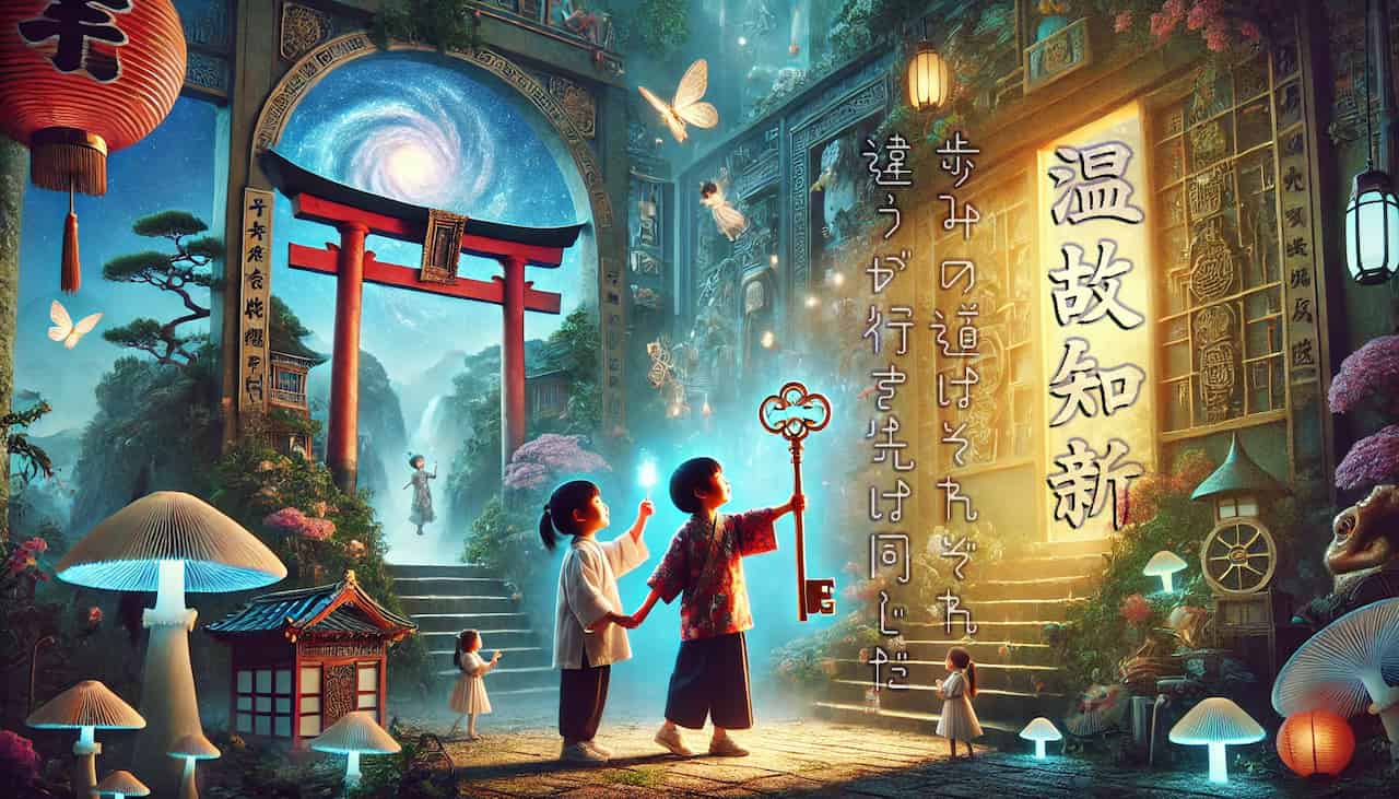 A realistic scene featuring a Japanese boy and girl toddler holding one key together, engaging in unlocking ethereal ports and concealed doors leading