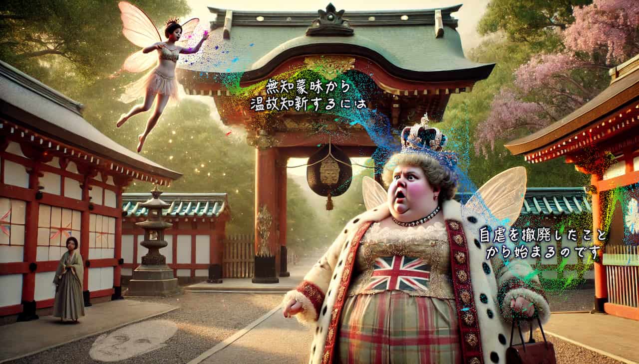 A slightly obese British princess with raggedy clothes and gaudy makeup, standing in wonderment at a shrine. She has a snotty nose