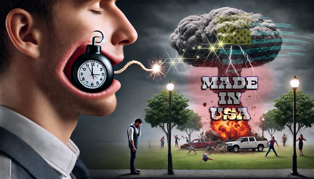 A solemn and realistic scene emphasizing the message to 'watch your mouth.' The image shows a person with a ticking time bomb in their mouth, symboliz