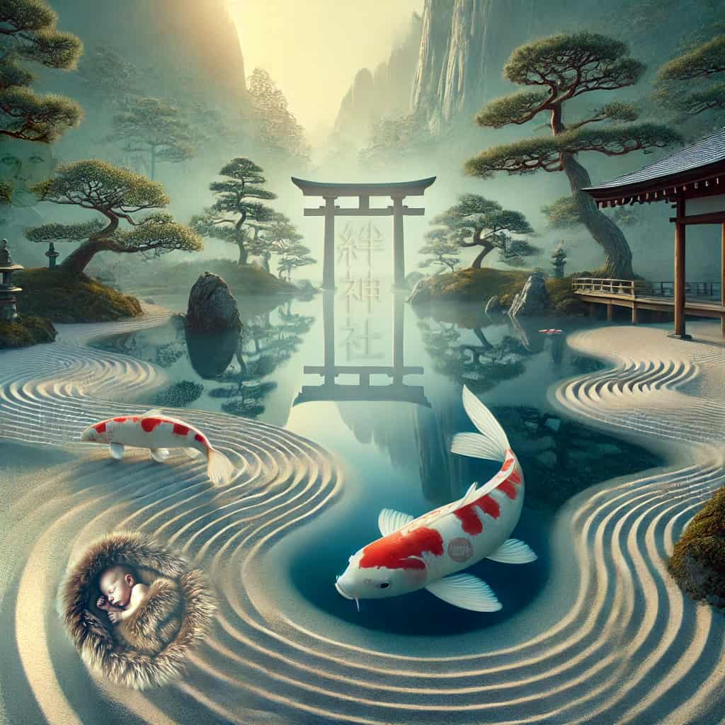 Koi pond with baby