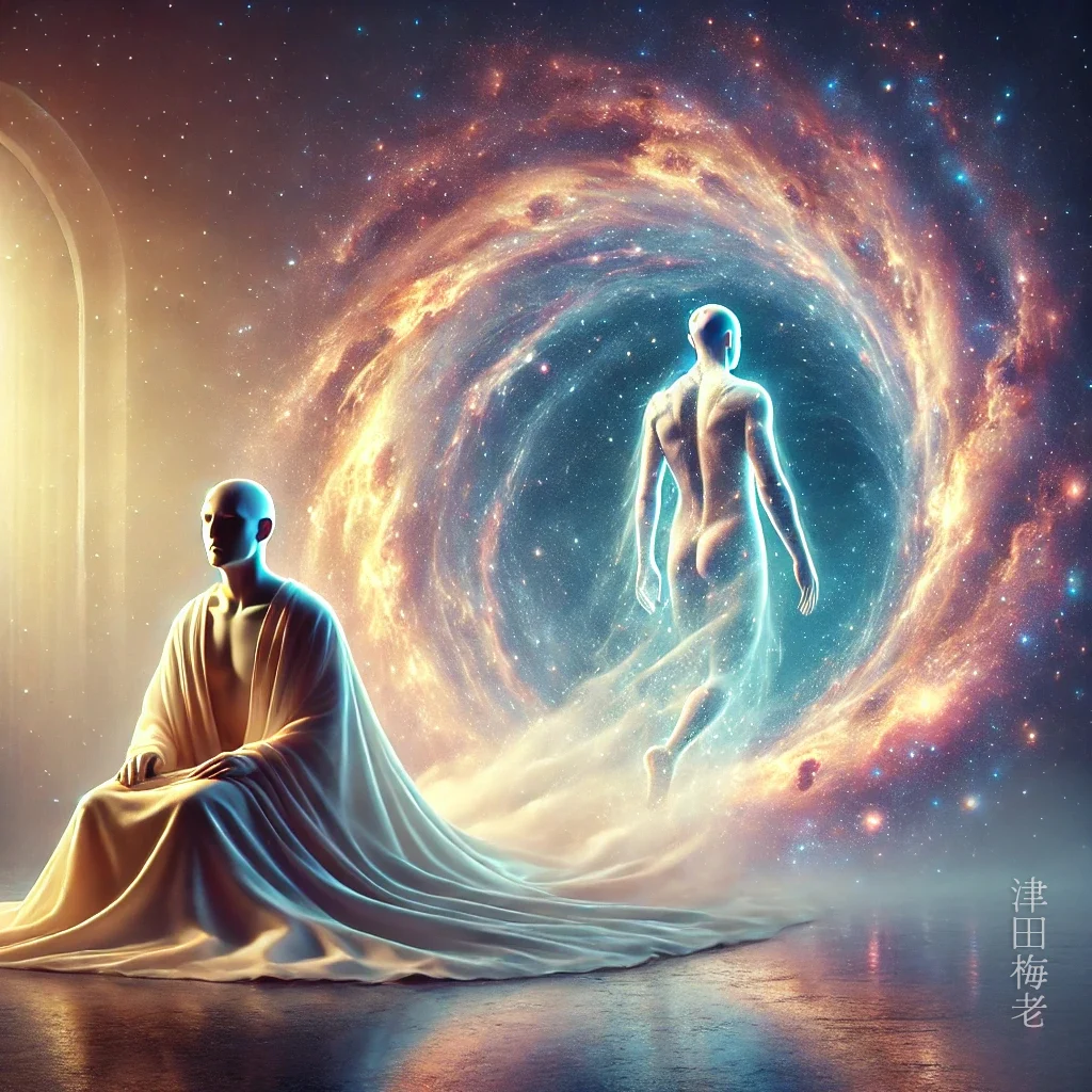 Digital artwork of a robed figure seated on a polished floor while a luminous human form walks away into a great spiral galaxy; Japanese characters run down the right edge.