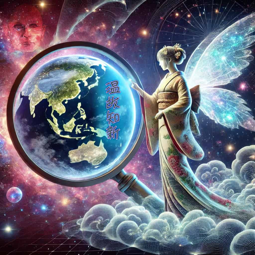 A celestial scene with a magnifying glass Earth a serene Japanese angel in a traditional kimono