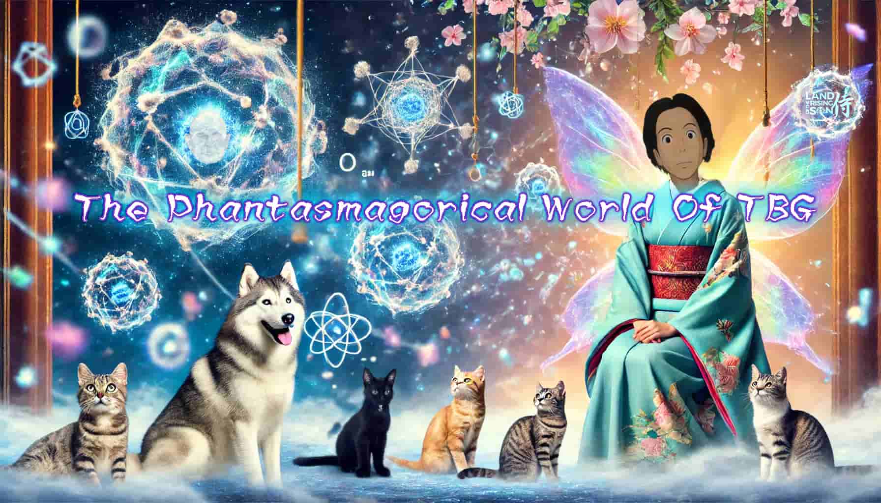 Japanese fairy who is watched a large movie screen populated with images of one Siberian Husky and 5 cats TBG