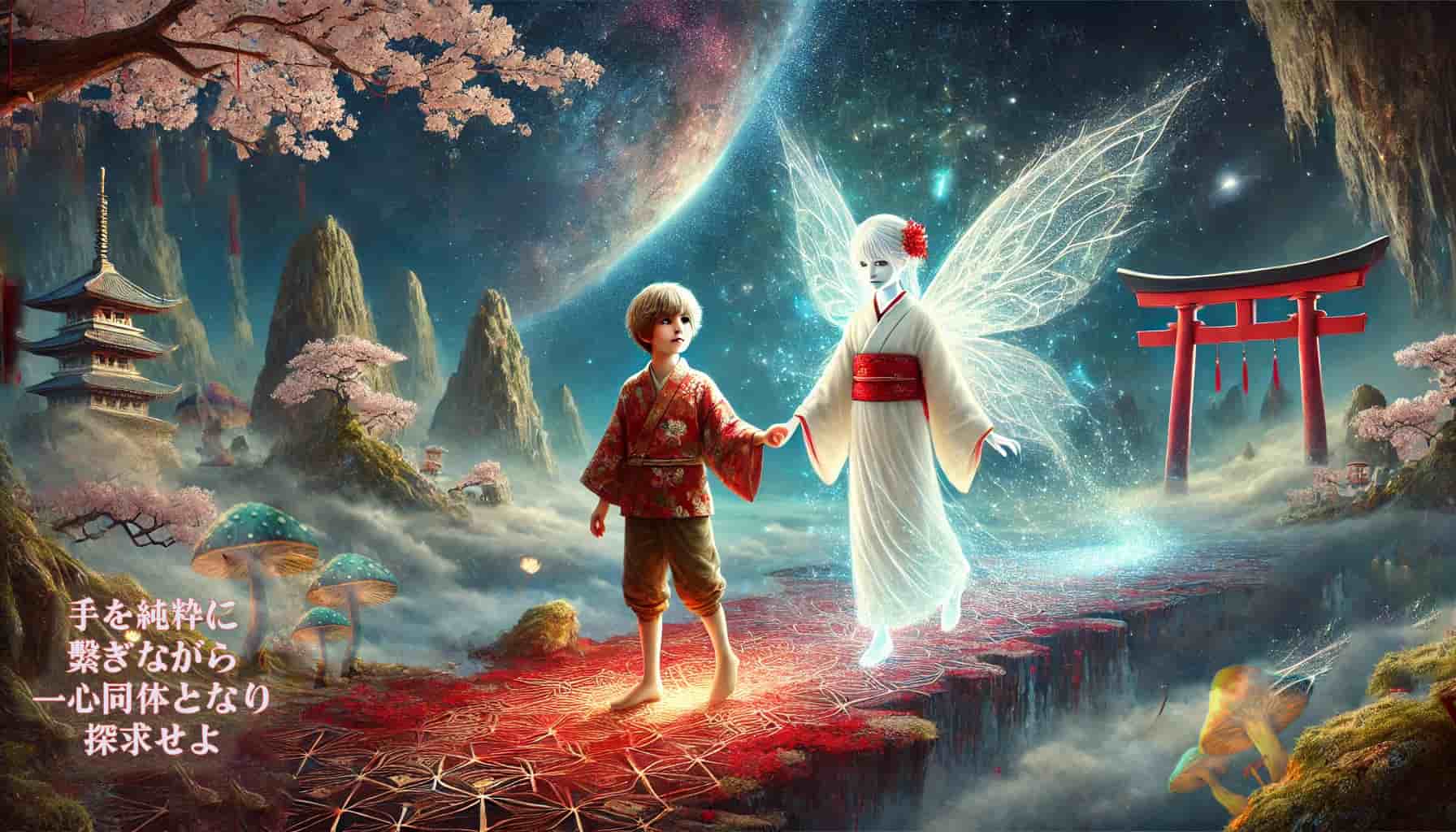 A caucasian boy holding a Japanese fairies hand taking the first blood step