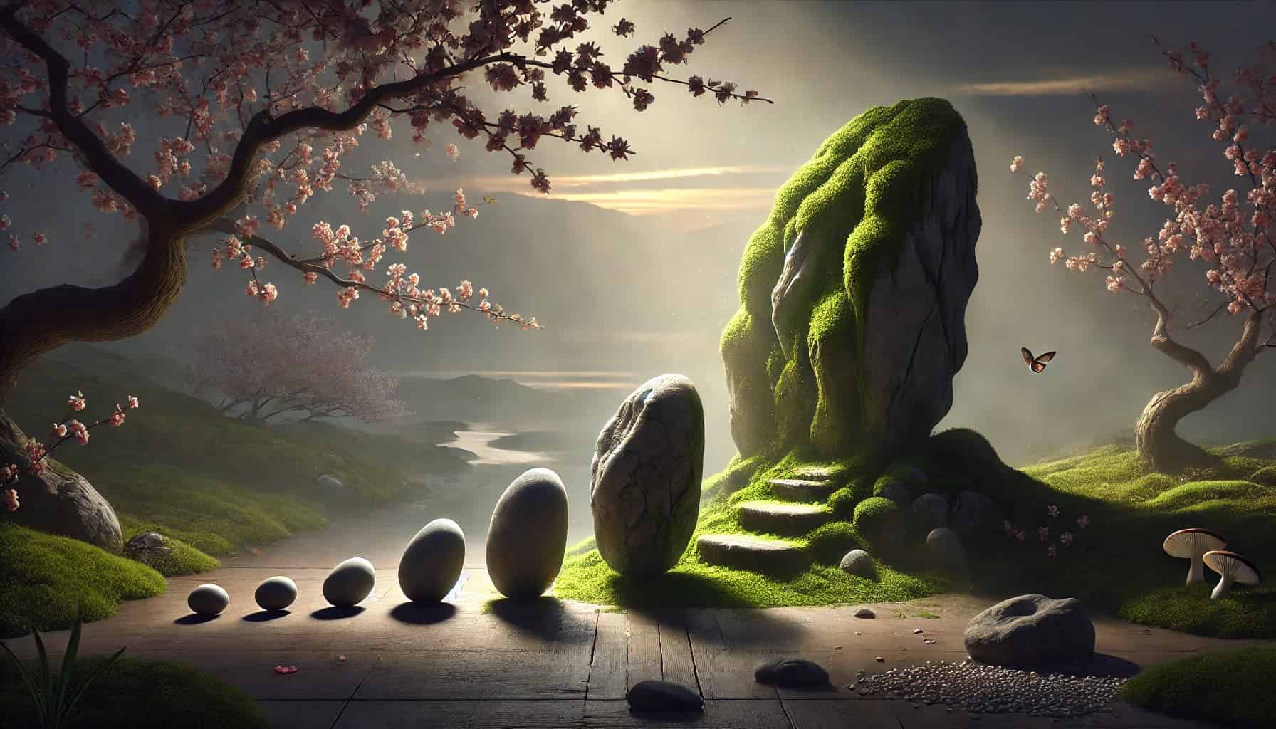 A pebble transforming to stone then to a large boulder covered in moss