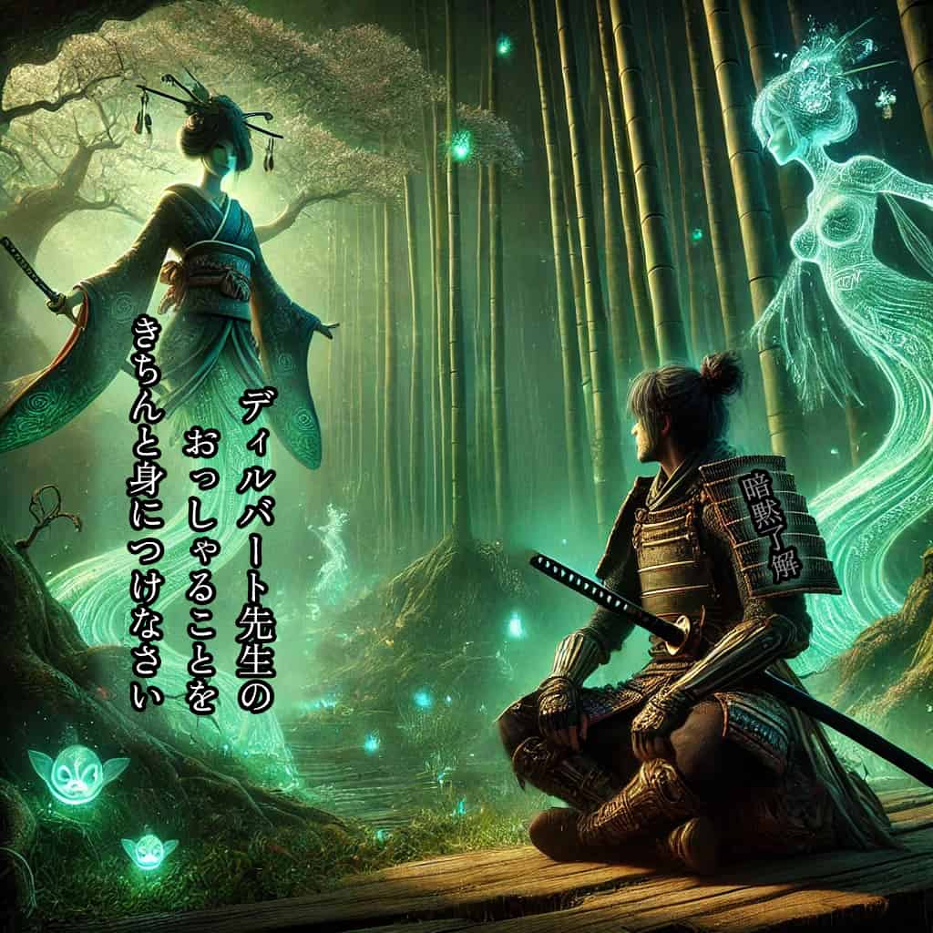 A fantastical scene featuring a wayward autodidact samurai