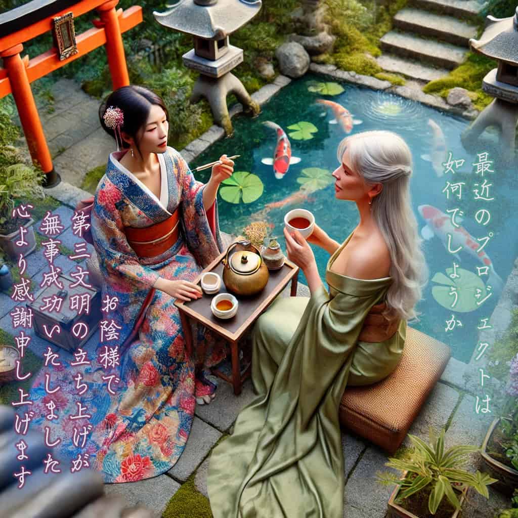 two beautiful and elegant older ladies having tea and traditional Japanese sweets (wagashi) beside a koi pond