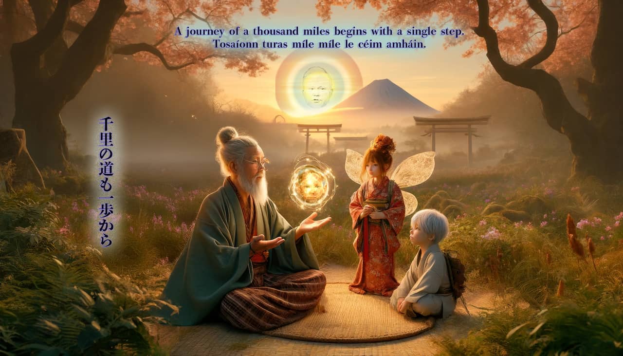 wise sage beautiful Irish fairy child dressed as a samurai
