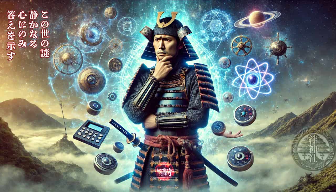 A puzzled samurai holding dials and sensors and scientific instrument in his hands