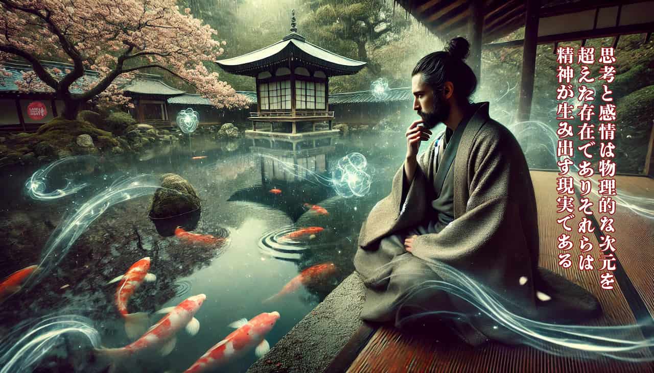 Japanese Zen philosopher pondering this notion that thoughts and emotions are not describable through physical quantities