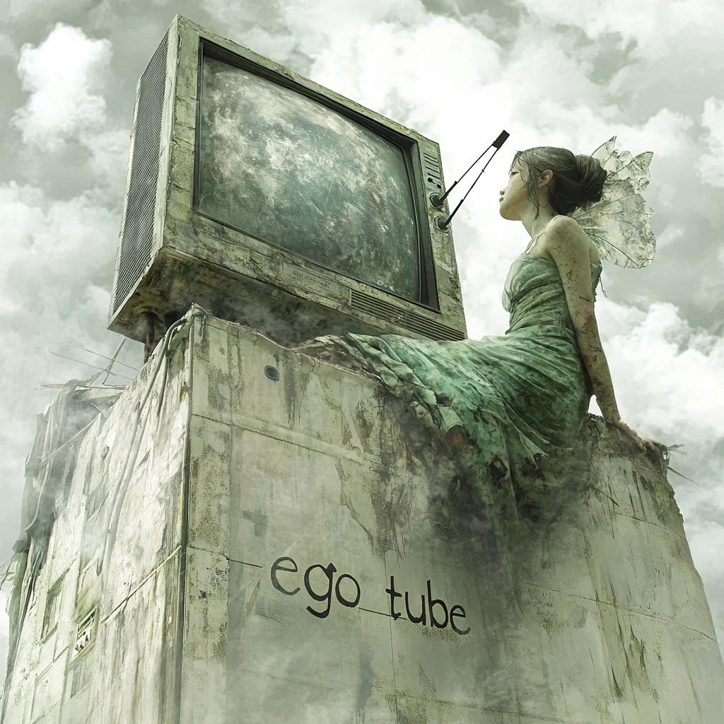 A weathered television set on a ruined concrete building, a winged woman in a green dress seated beside it