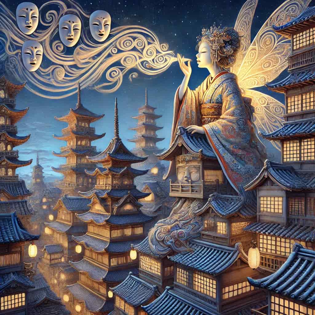 Architecture of Harmony'. A phantasmagorical Japanese cityscape forms an intricate layer