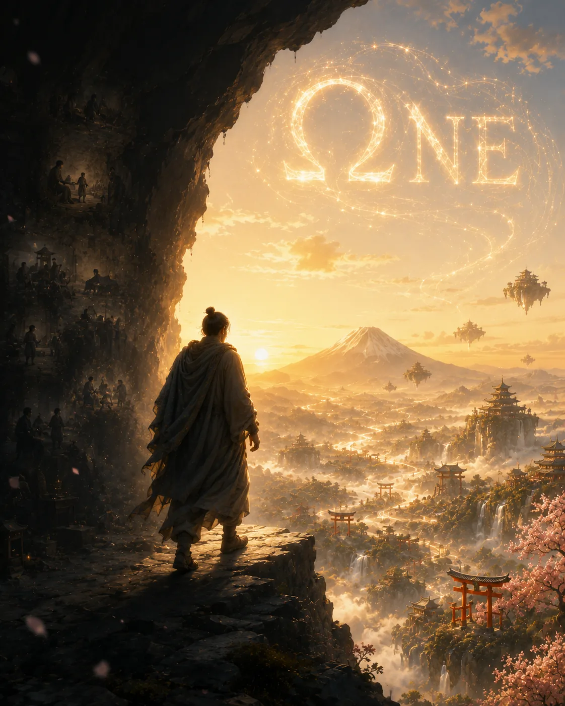 A robed figure at a cave mouth on a cliff edge looks out over a sunlit valley of torii, pagodas and floating islands toward a snow-capped peak, the word ΩNE traced in light across the sky