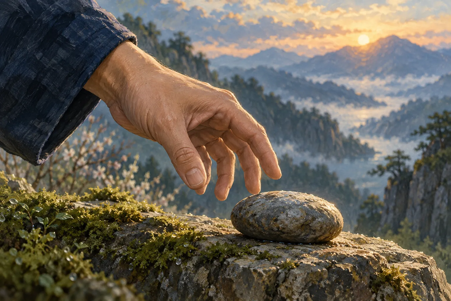 藍色の袖から伸びた力の抜けた手が、苔むした岩の上の滑らかな石にかざされ、遠くには朝日に照らされた山々が見える。