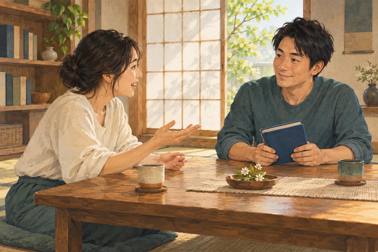 A woman gestures as she talks with a smiling man holding a closed blue book at a low wooden table in a Japanese reading room.