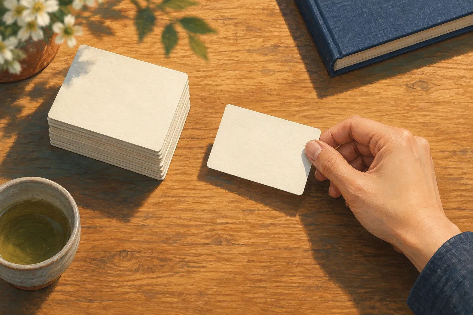 A hand holds one blank-backed study card apart from a neat stack, beside a blue book and a cup of tea on a wooden desk.