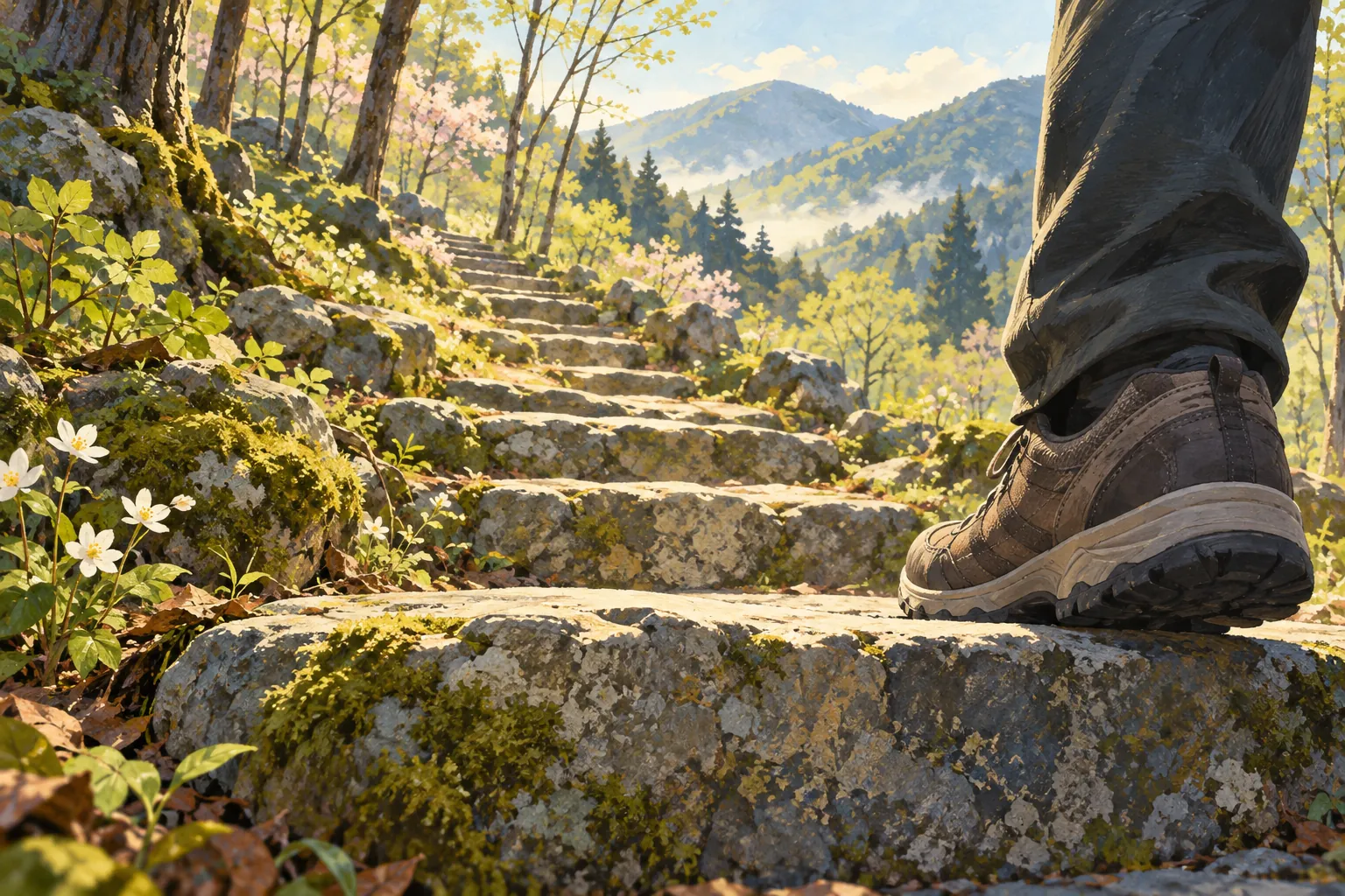 A walking shoe rests on the first mossy stone step as a woodland path winds upward toward softly lit green hills.