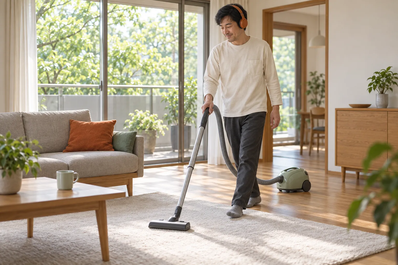A Japanese man wearing orange headphones vacuums a pale rug beside a wooden floor in a bright living room.
