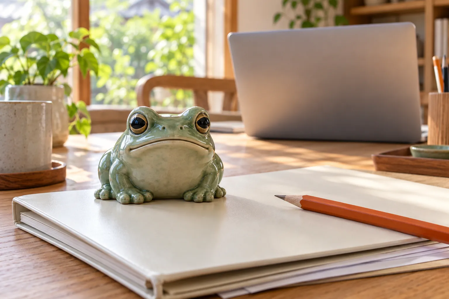 A celadon ceramic frog sits on a plain folder beside an orange pencil, with the back of an open laptop behind it.