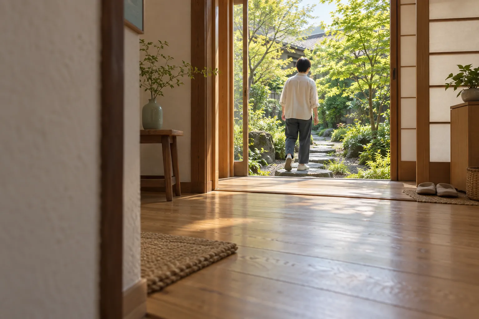 Seen along a wooden corridor, a person steps through an open doorway toward a sunlit stone path bordered by green shrubs.