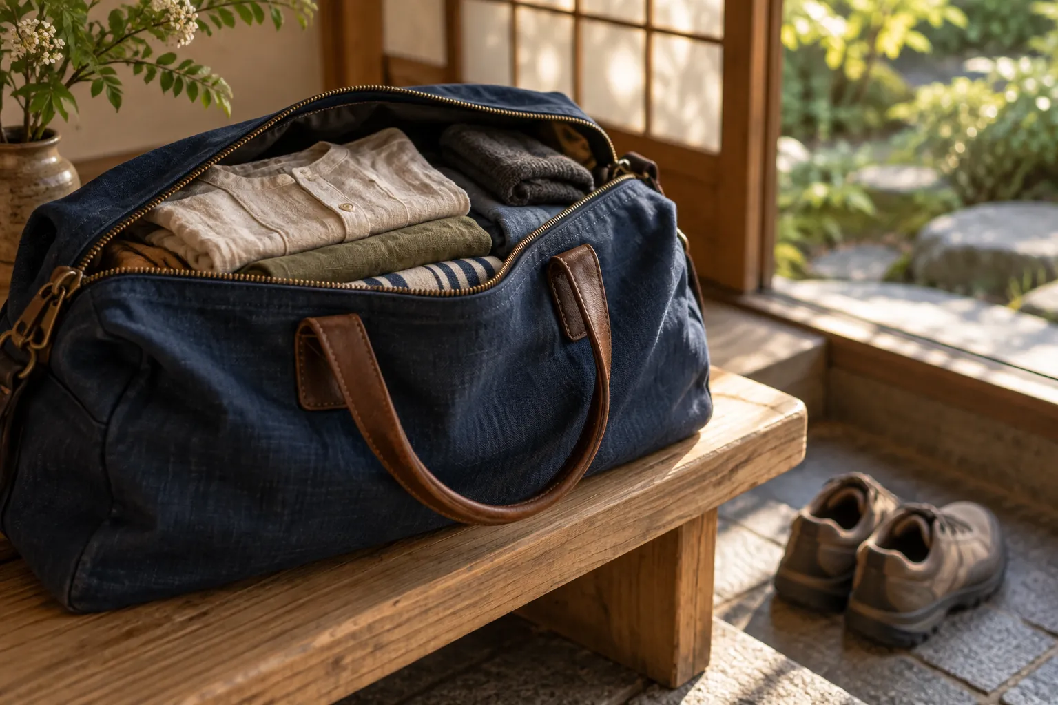 An open indigo travel bag with folded clothes rests on a wooden bench in a Japanese entryway, above a pair of walking shoes.