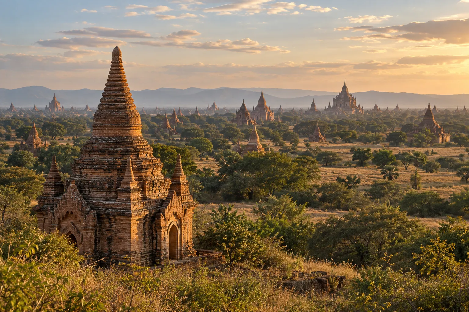 Brick temples and slender stupas rise among trees across the Bagan plain, their sunlit forms fading into a pale blue distance.