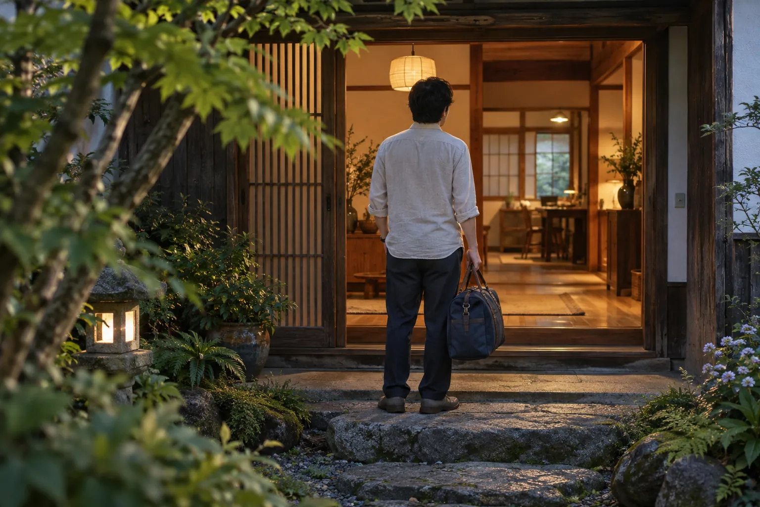 A traveller carrying an indigo bag pauses outside an open Japanese home, facing its warm wooden interior beyond a leafy garden.