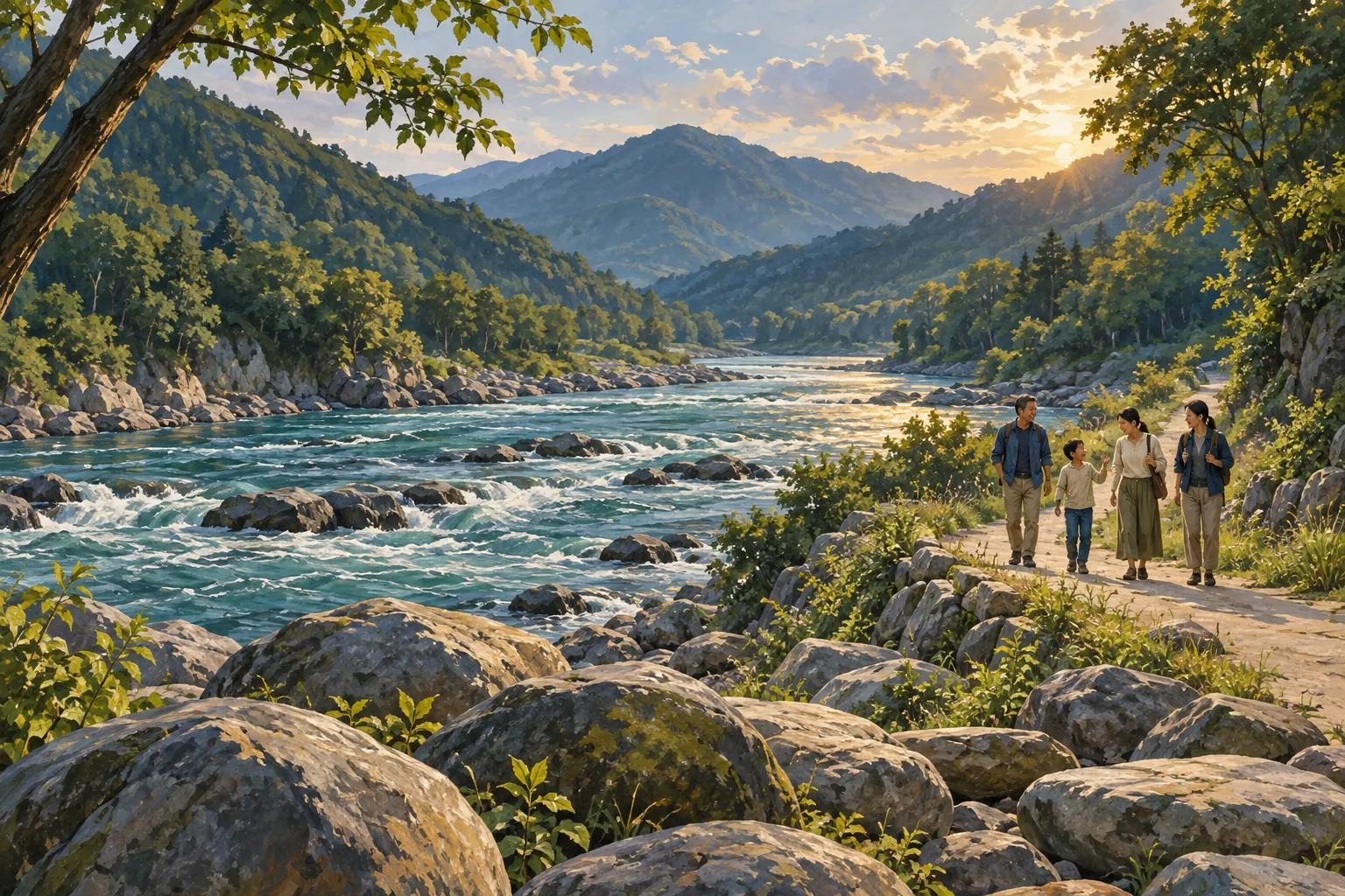 三人の大人と一人の子どもが流れる川のそばを歩き、手前に丸みを帯びた石、遠くに木々に覆われた山々が見える。
