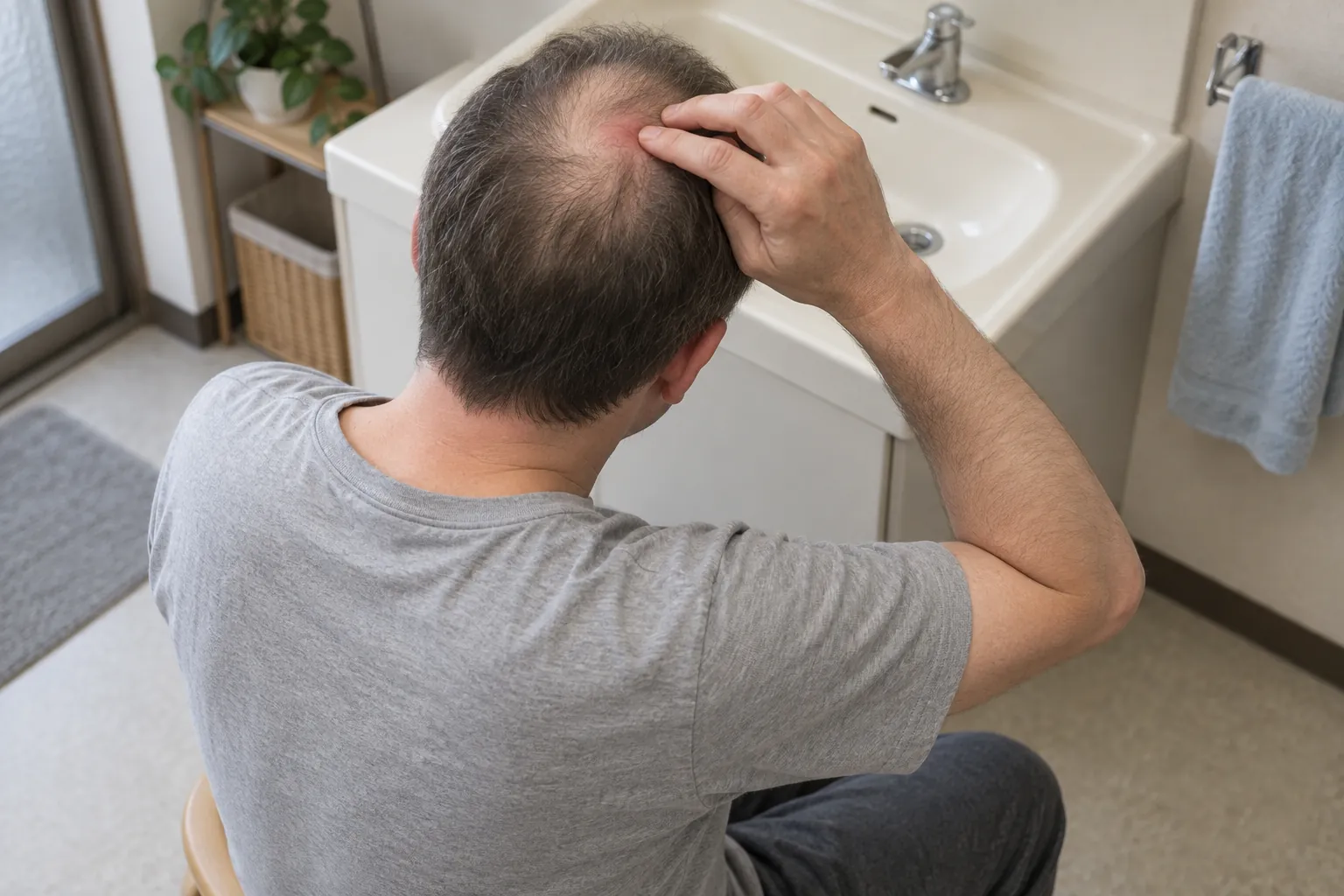 上方から背中越しに見ると、髪の薄くなった男性がクリーム色の洗面台のそばで、赤くなった頭皮に触れている。