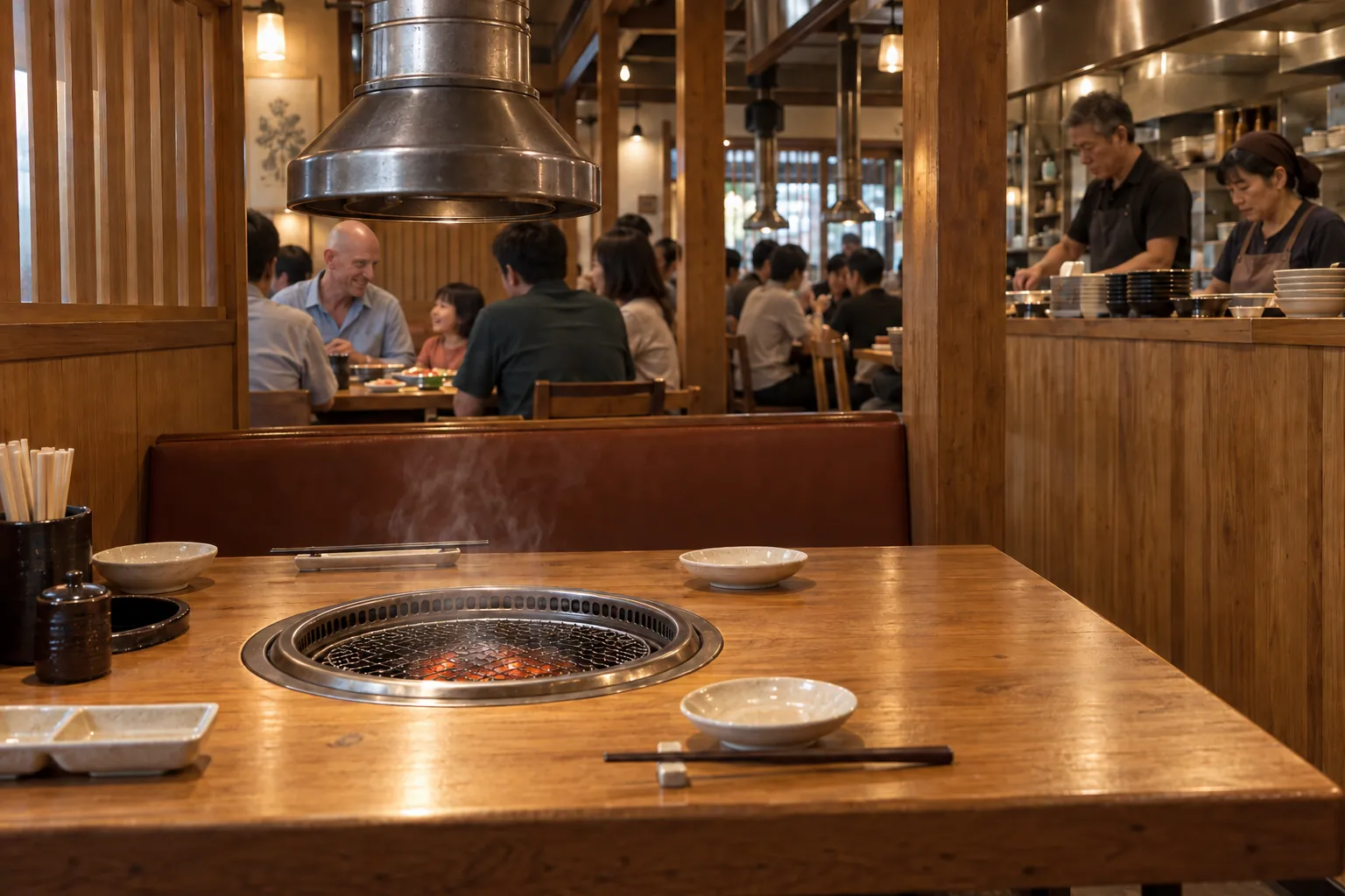 An empty wooden yakiniku booth opens onto a busy family dining room, while a reserved couple works behind the counter.