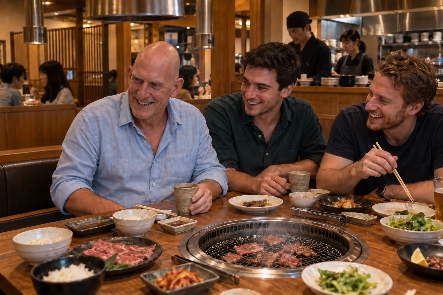 A bald father, his adult son and a visiting friend share laughter around a tabletop yakiniku grill.