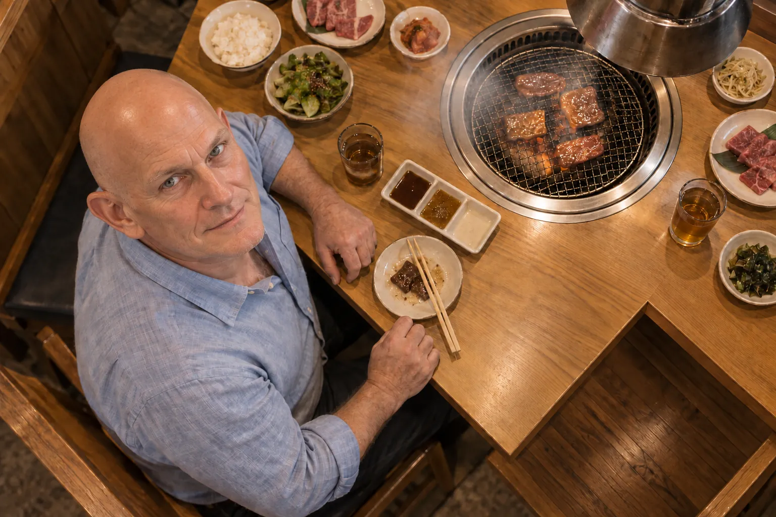 Seen from above, a smiling bald man sits beside a round yakiniku grill, ceramic dishes and chopsticks on a warm wooden table.