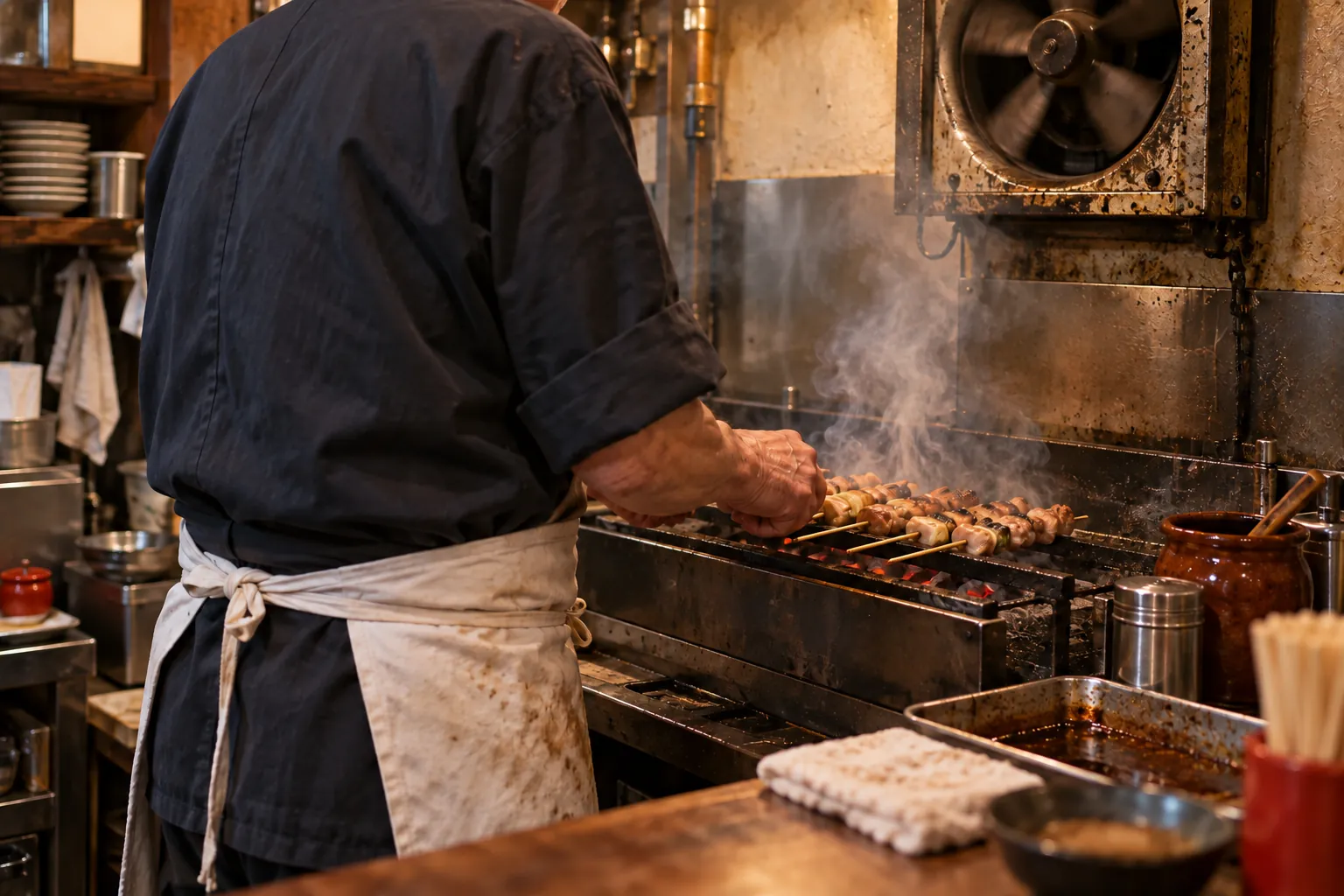 小さな日本の調理場で、顔の見えない料理人が、脂の染みた換気扇の下で炭火の焼き鳥を返している。
