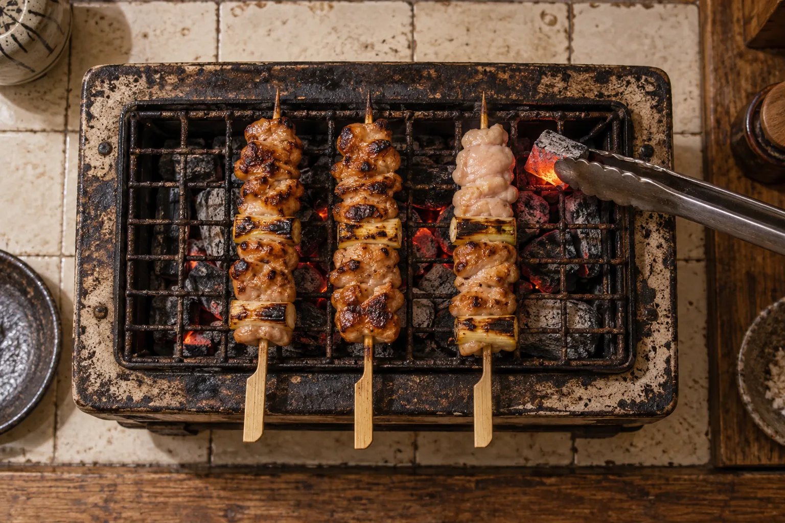 炭火の焼き台に三本の焼き鳥が並び、金属の火ばさみが一本のまだ白い部分のそばへ赤く燃える炭を運んでいる。