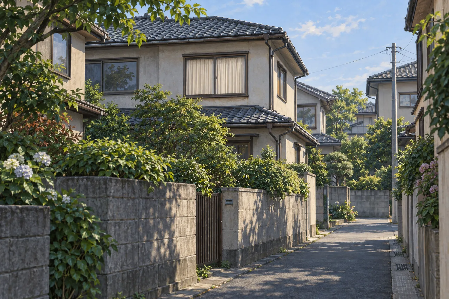 日本の郊外の細い路地に小さな家々が並び、一軒の二階の窓にはカーテンが閉じられている。