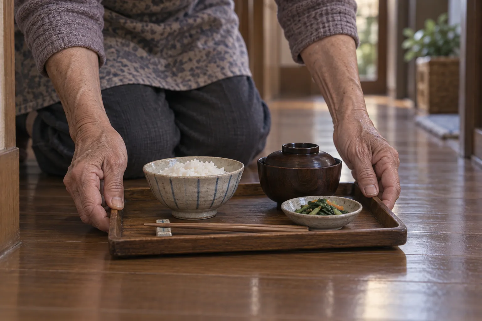 高齢者の手が、飯と汁物と野菜をきちんと並べた簡素な食事盆を木の床に下ろしている。